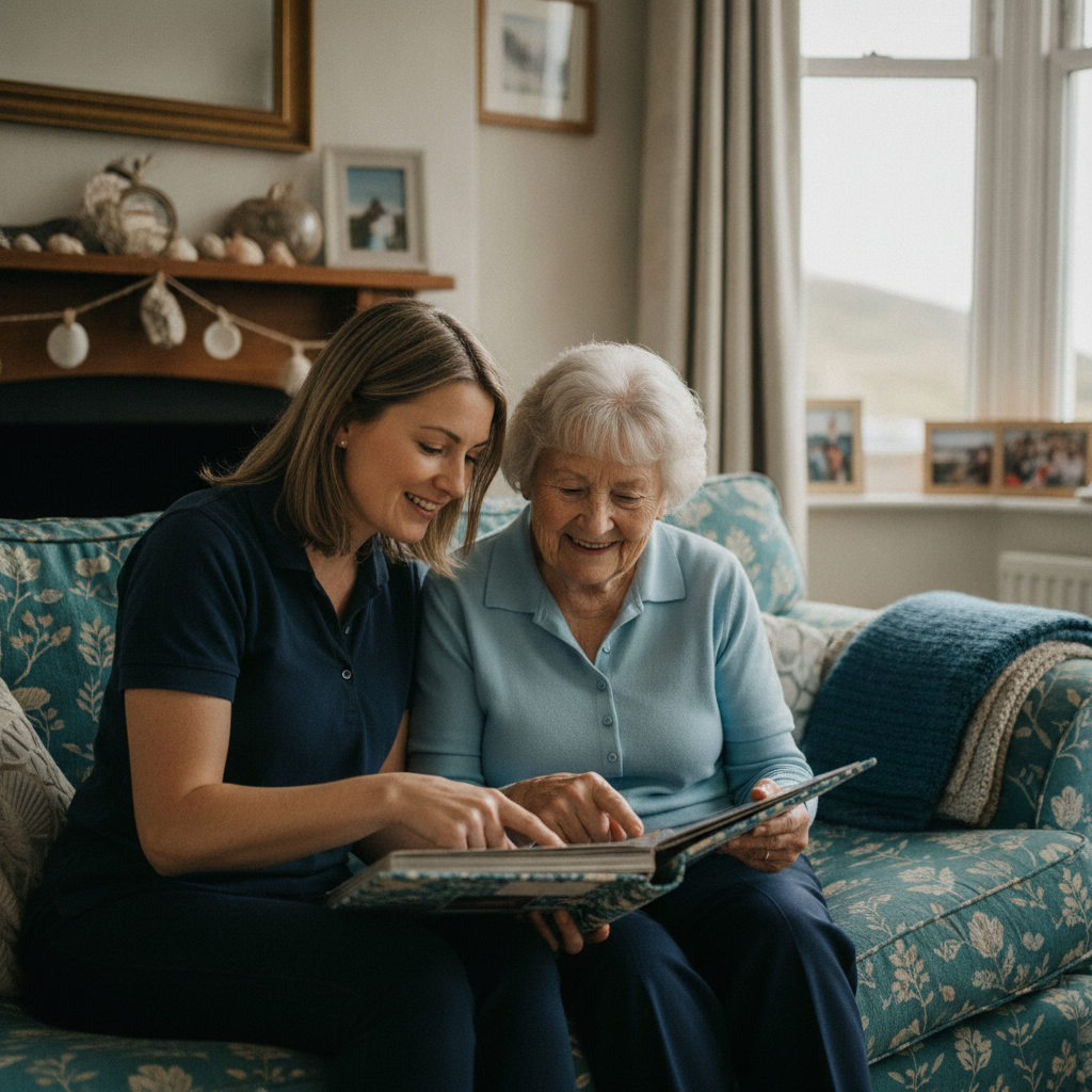 A Harbour Light carer sharing memories with a client at home near Falmouth